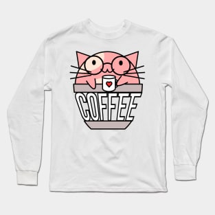 Cat in coffee cup with warped text holding coffee cup with heart wearing glasses pink Long Sleeve T-Shirt